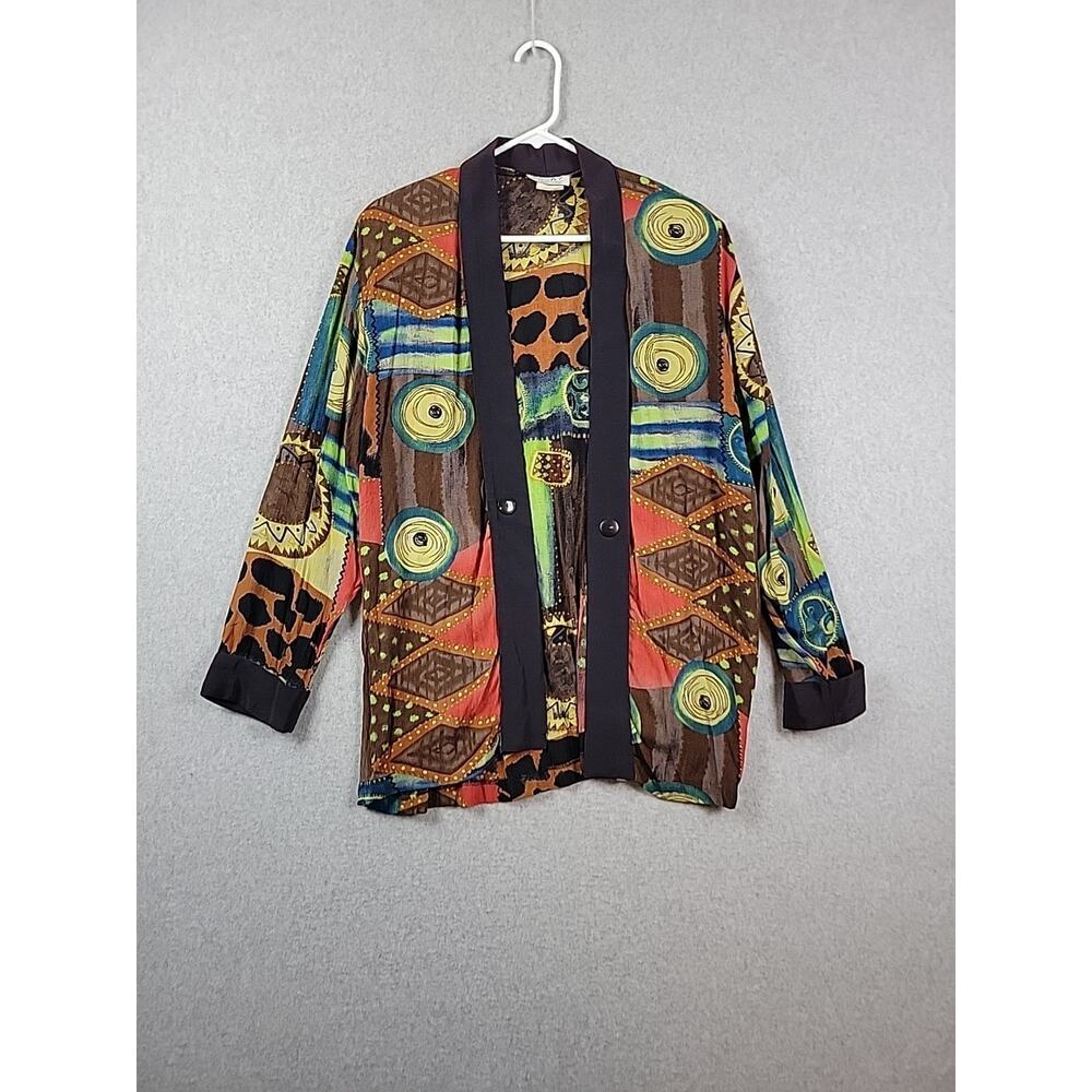 Vtg Sharon Anthony Essay Colorful Tribal Print LS Open Front Cardigan Women's 12